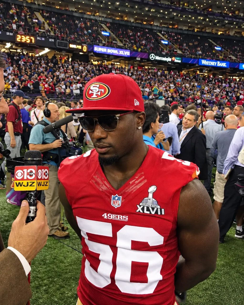 Tavares Gooden in a San Francisco 49ers cap and jersey being interviewed at Super Bowl XLVII