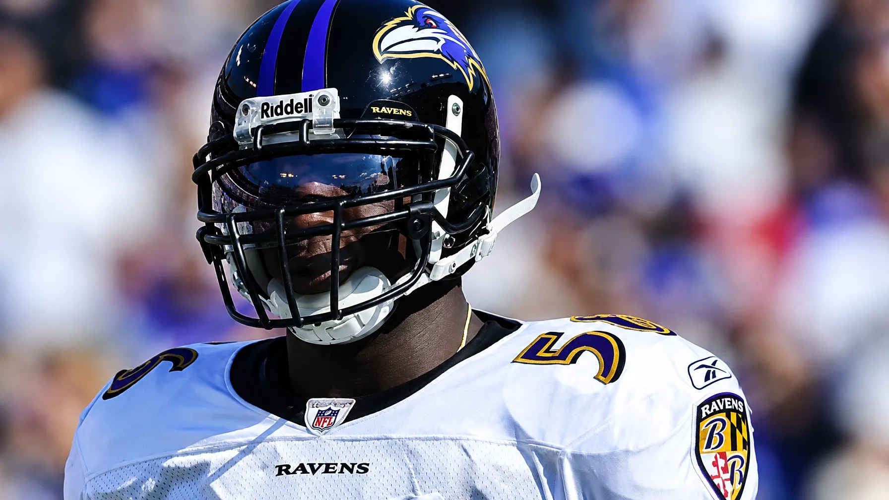 Close-up of a Baltimore Ravens number 56 helmet on the field