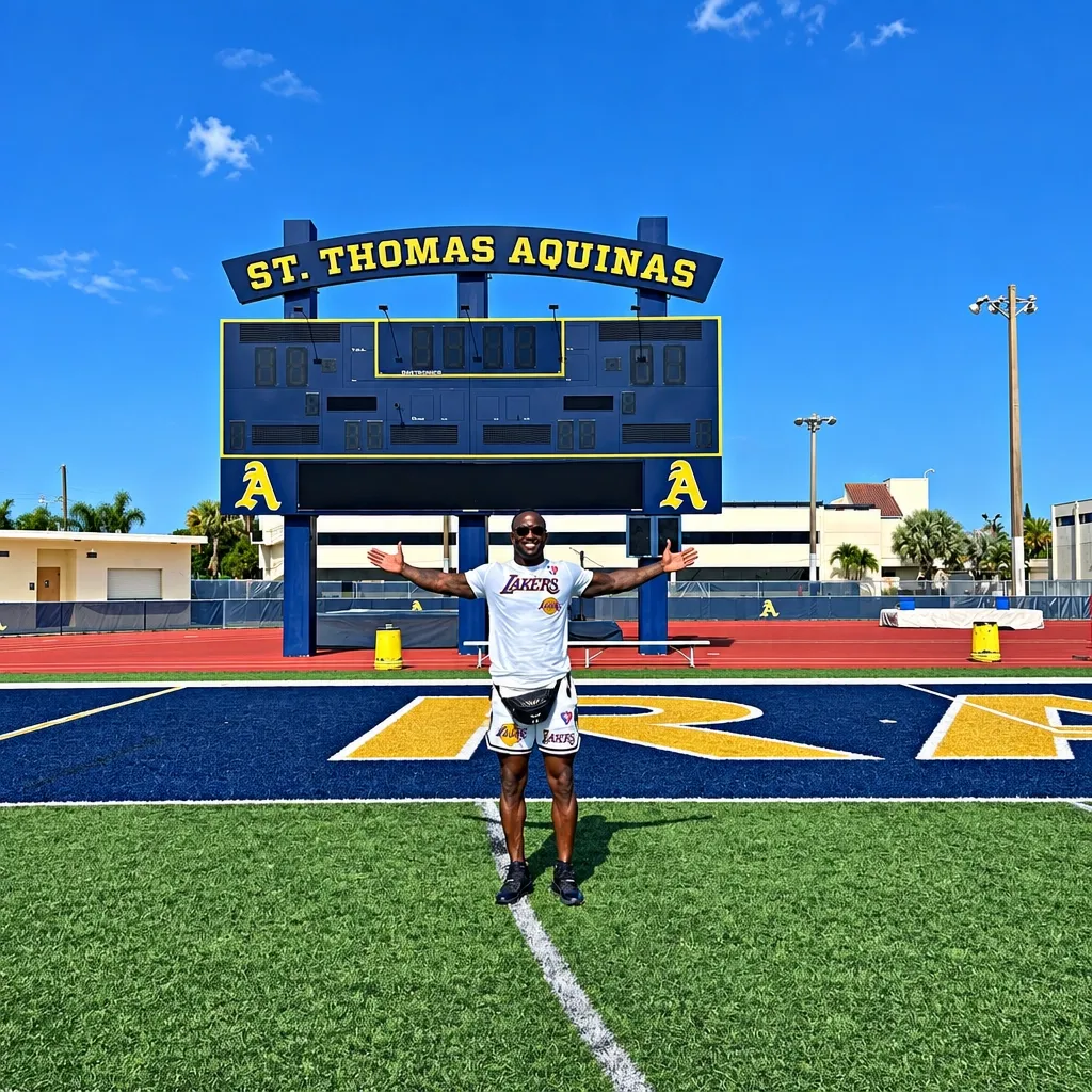 Tavares Gooden standing with arms outstretched on the St. Thomas Aquinas football field